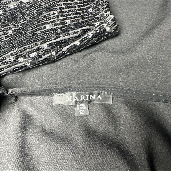 Marina Women’s Black V-Back Pullover Dress Size 12 Sheath Formal Sequins Sleeves - Picture 8 of 10